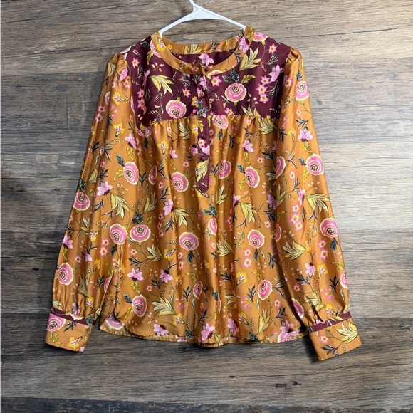 LOFT Floral Blouse in Mustard and Burgundy - Picture 2 of 8